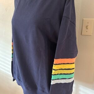 By Together Oversized Navy Sweatshirt with Colorful Striped Sleeves Size M